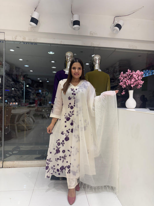 Pure Banaras Mull Chanderi Katha Work Party Wear 3pc Set Off White and Purple Color