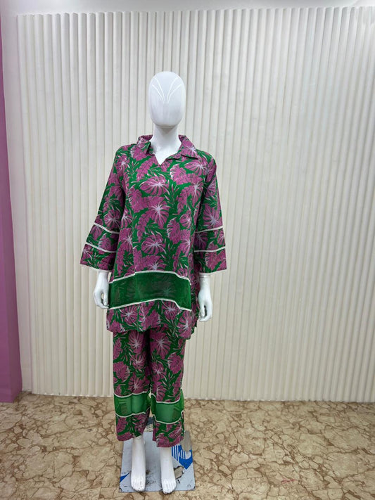 Pure Cotton Digital Print 2pc Set Green and Pink Color