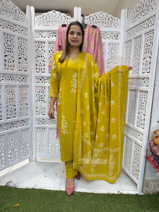 Jaipuri Cotton Yellow 3pc Suit