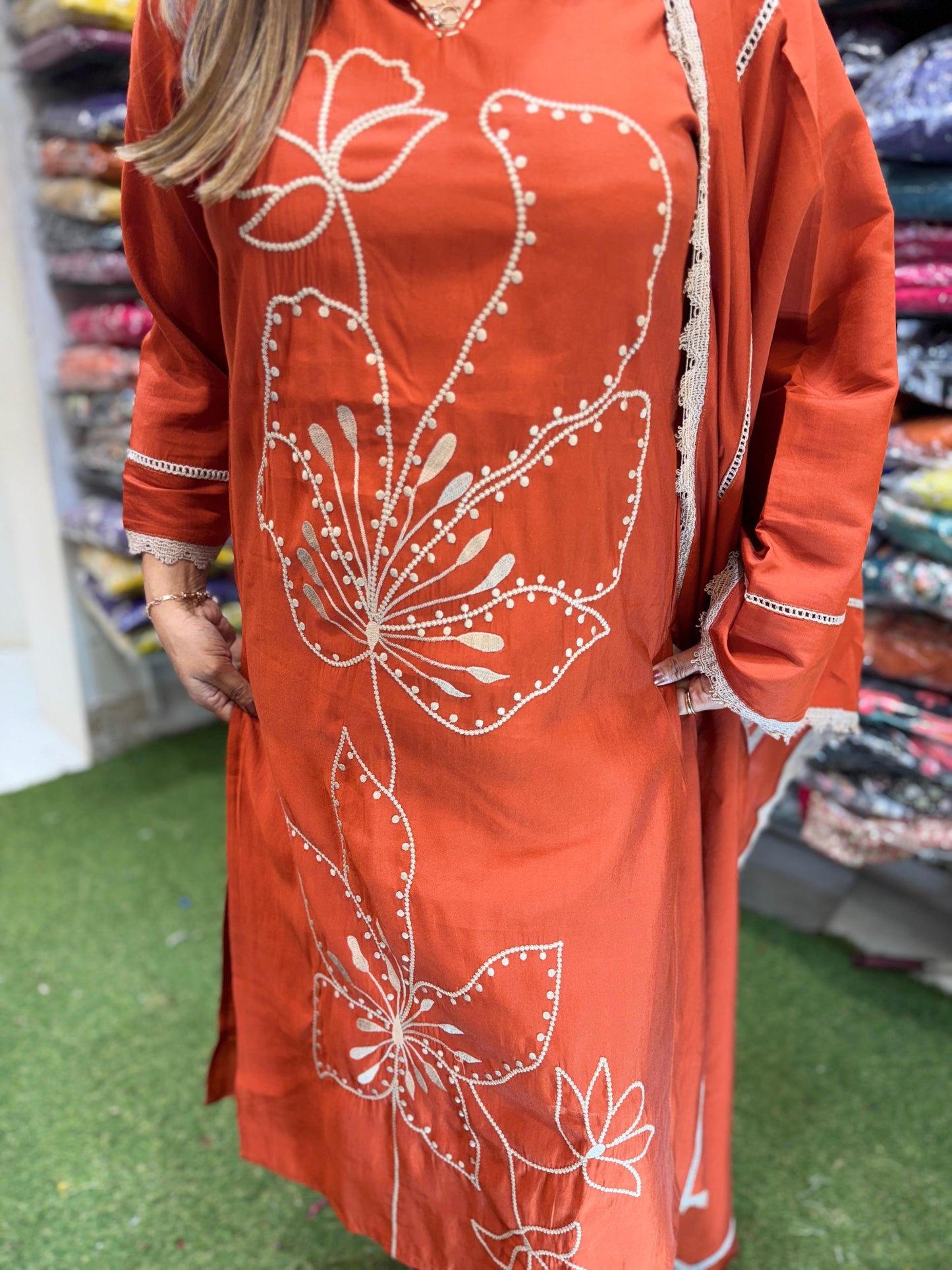 Cotton Silk Orange 3pc Suit