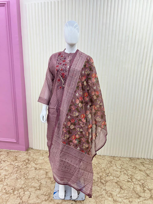 Maheshwari Silk Purple 3pc Suit