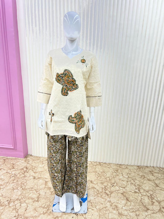 Pure Cotton Schiffli Work 3pc Set White Color