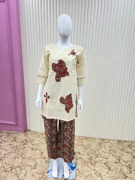 Pure Cotton Schiffli Work 3pc Set White Color