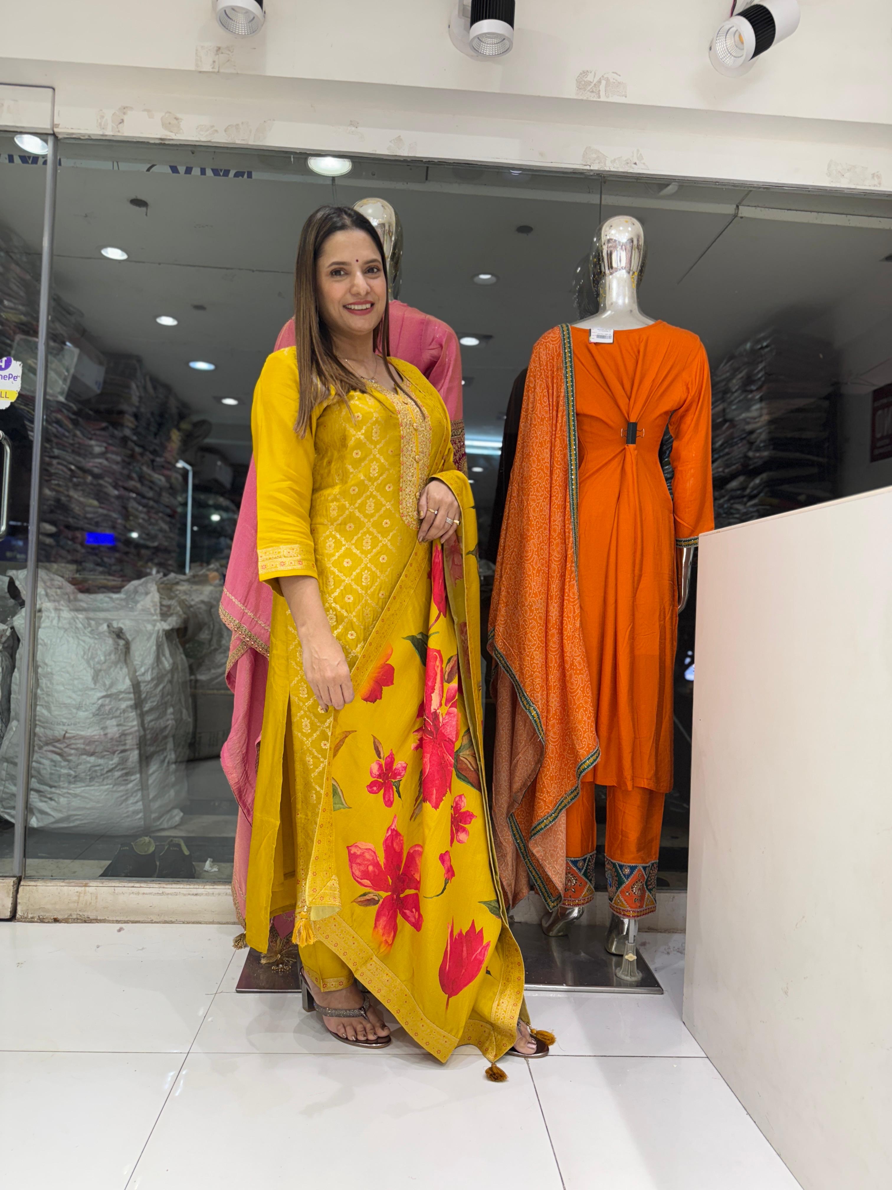 Kanjiwaram Banarasi Yellow 3pc Suit