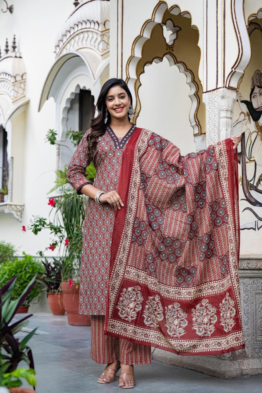Cotton Maroon 3pc Set