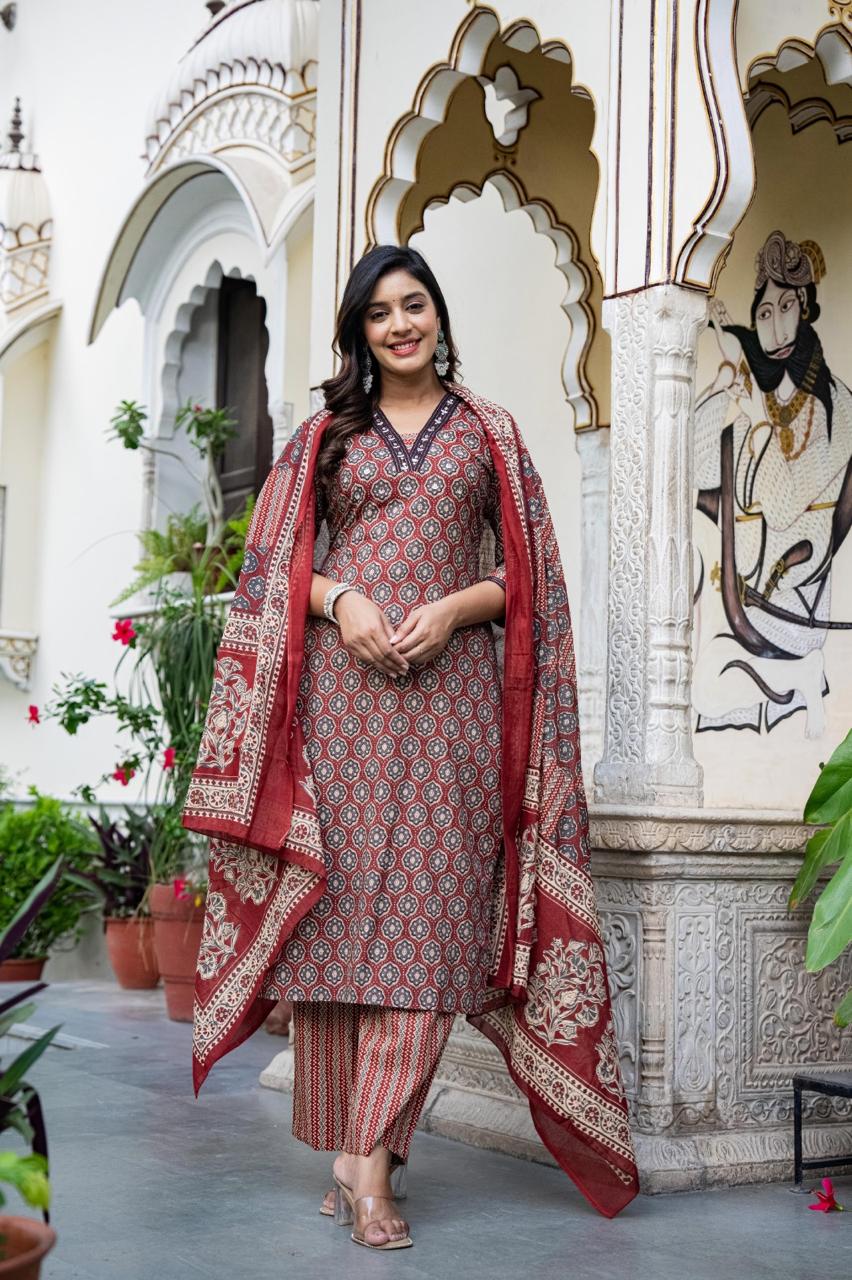 Cotton Maroon 3pc Set