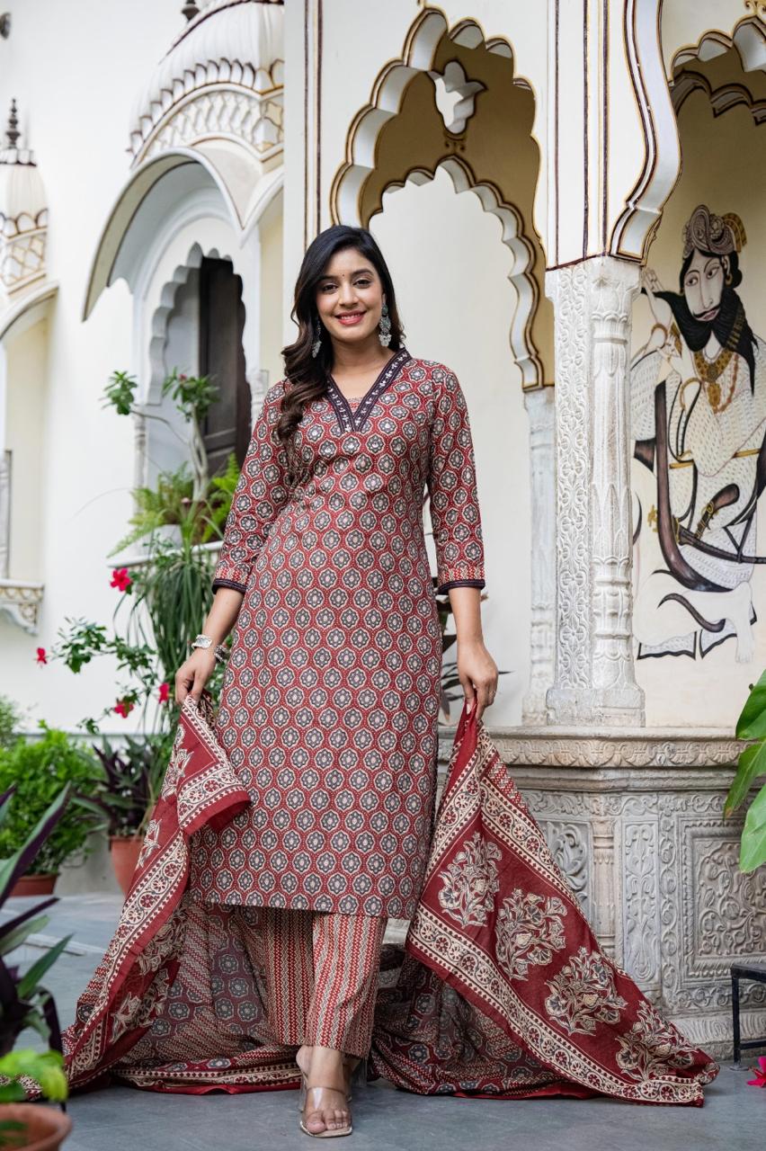 Cotton Maroon 3pc Set