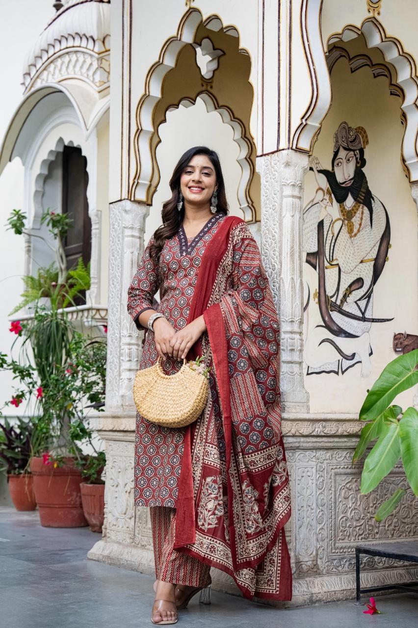 Cotton Maroon 3pc Set