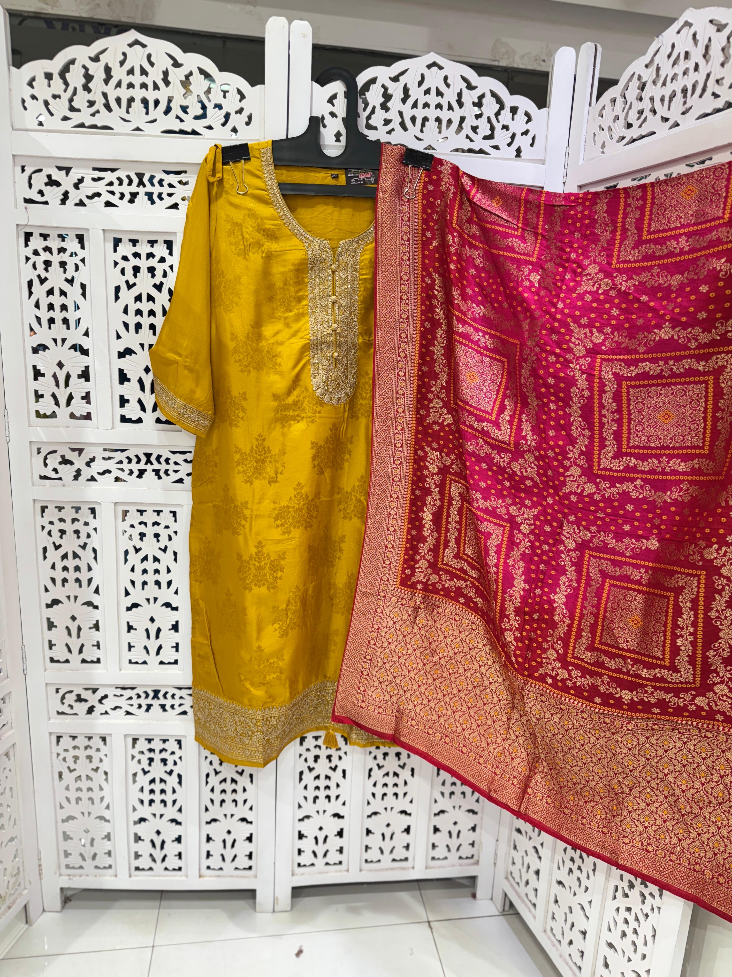 Kanjiwaram Banarasi Yellow 3pc Suit