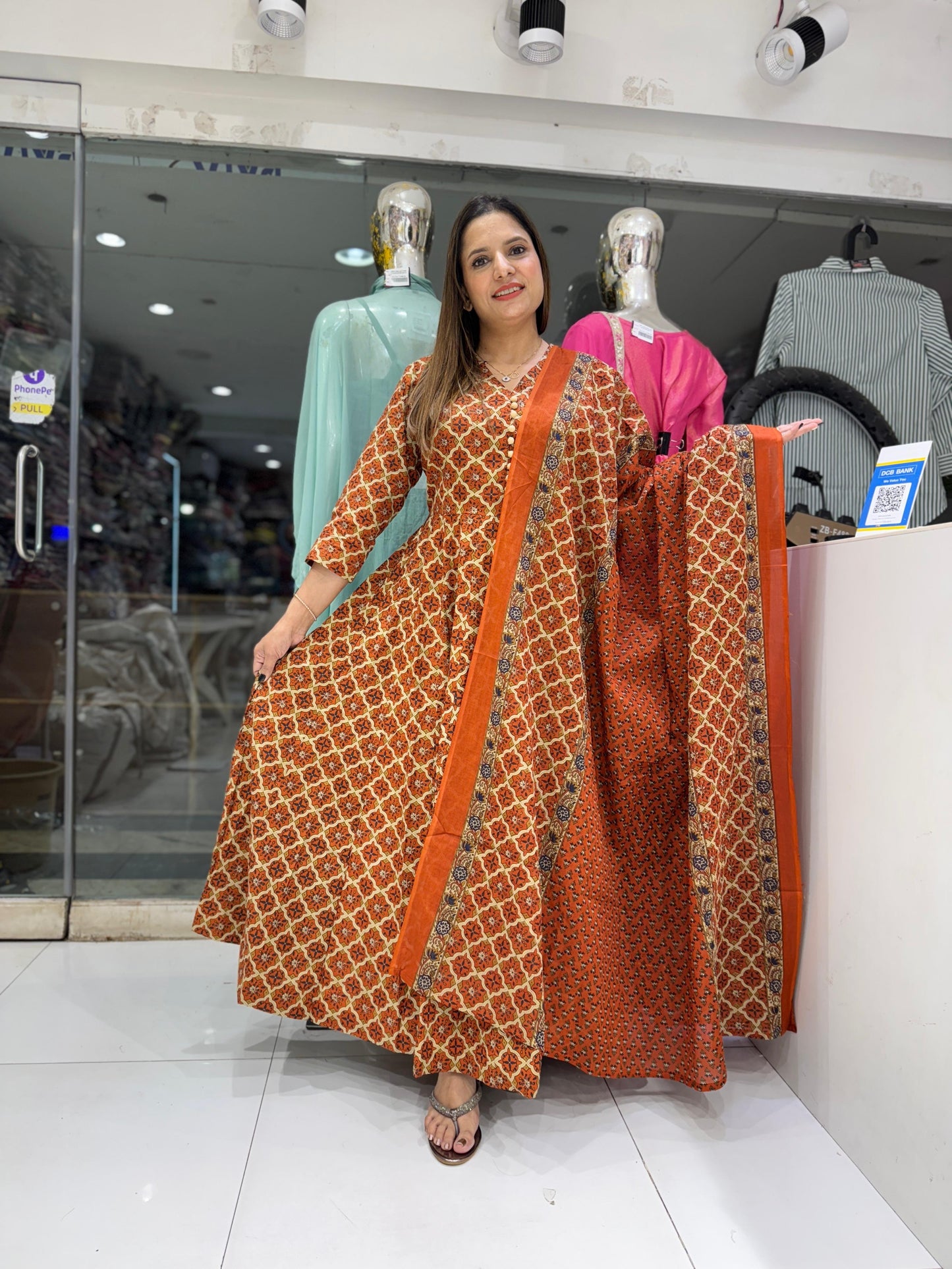 Cotton Orange Anarkali 3pc Set
