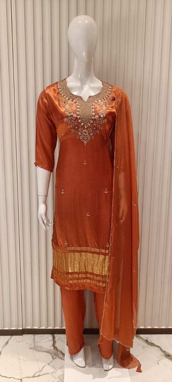 Satin Gaji Silk Orange 3pc Set
