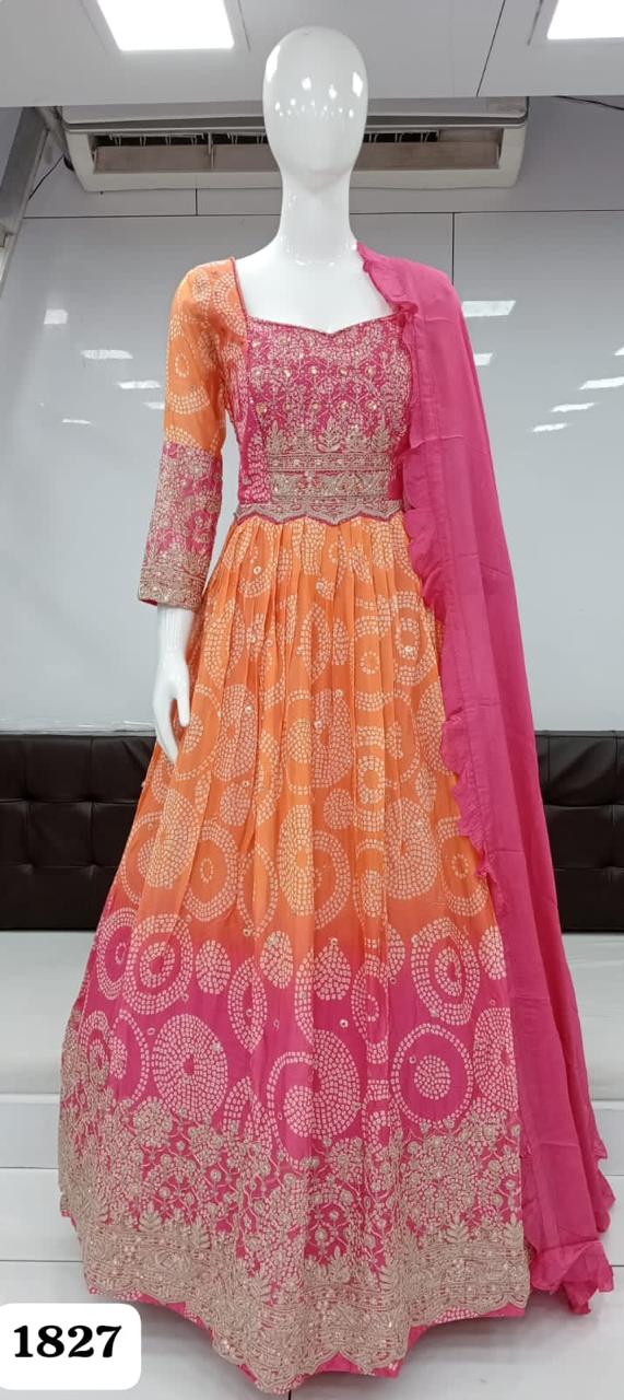 Pure Chinon Handwork Gown Multi Color