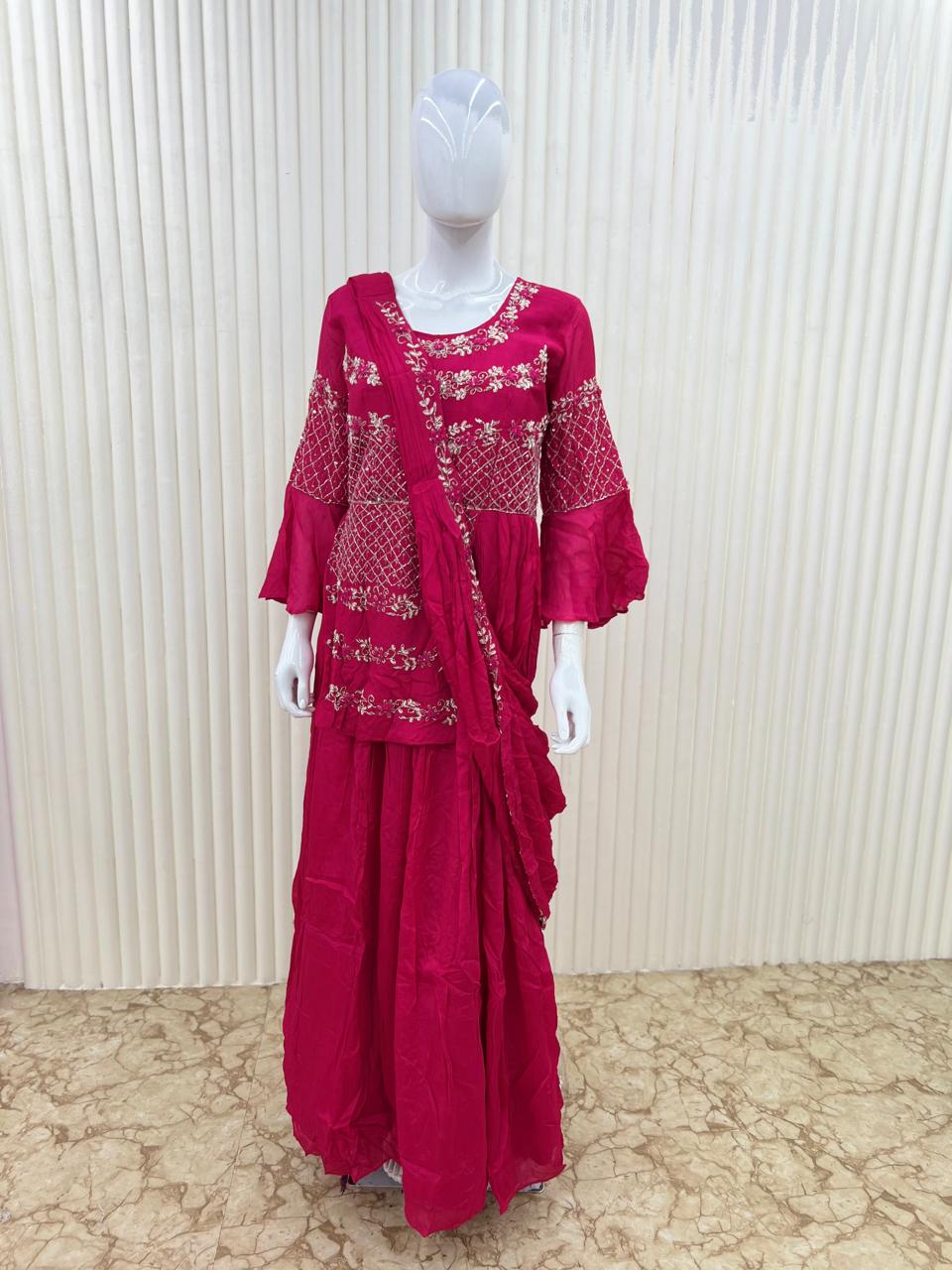 Pure Chinon Handwork Drep Gown Pink Color