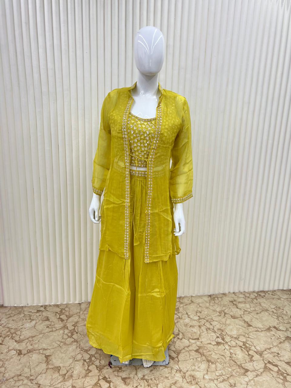 Pure Chinon Handwork Party Wear 3pc Set Yellow Color