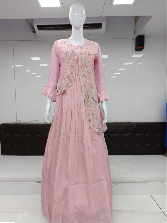 Pure Chinon Handwork Party Wear Gown Light Pink Color