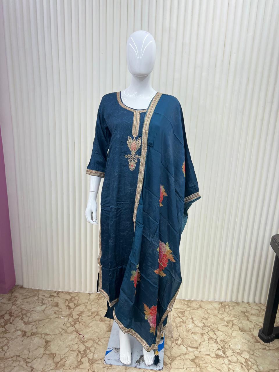 Pure Butter Muslin Jari Sequence Work Digital Print Party Wear 3pc Set Blue Color