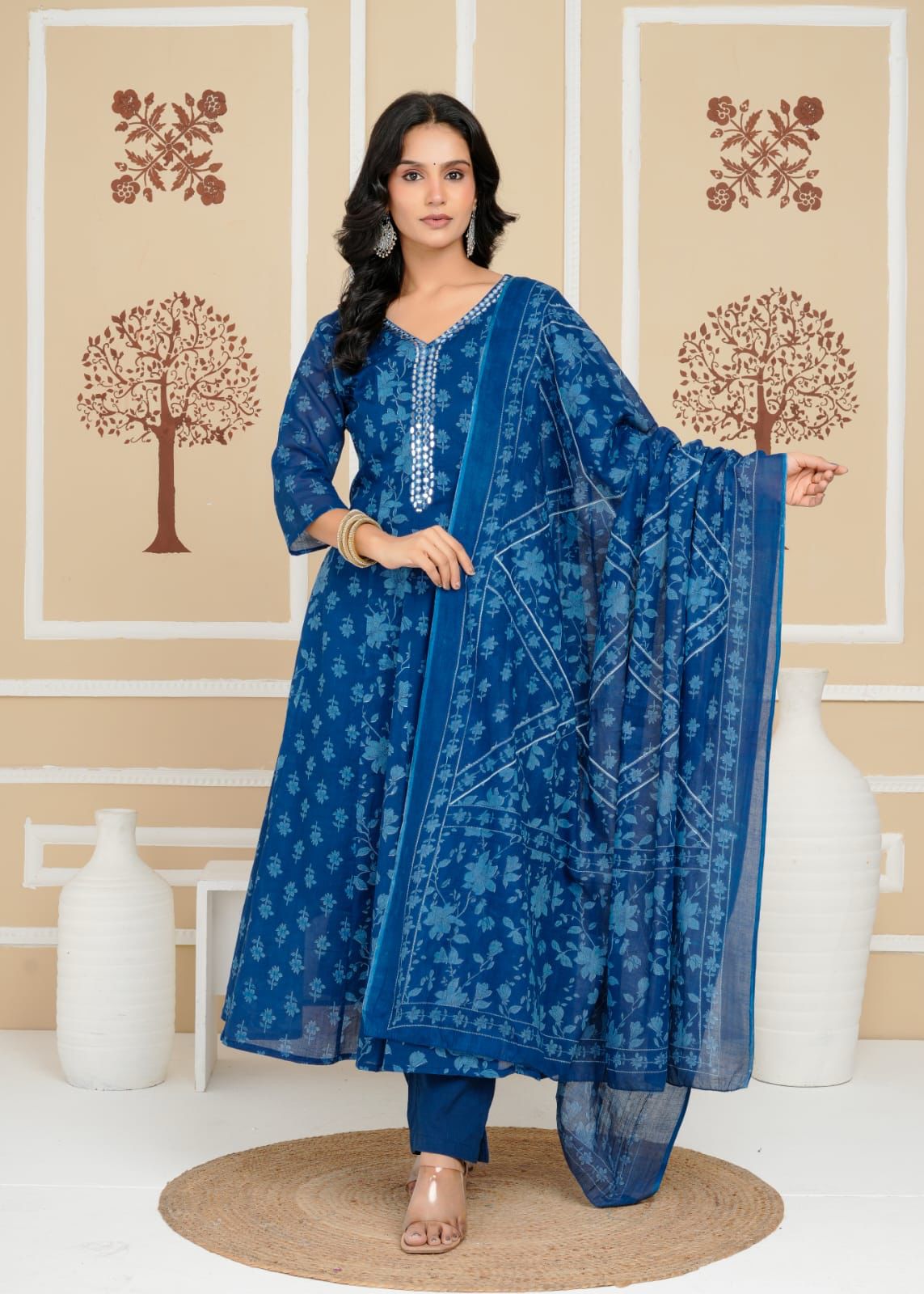 Mull Cotton Anarkali Blue 3pc Suit
