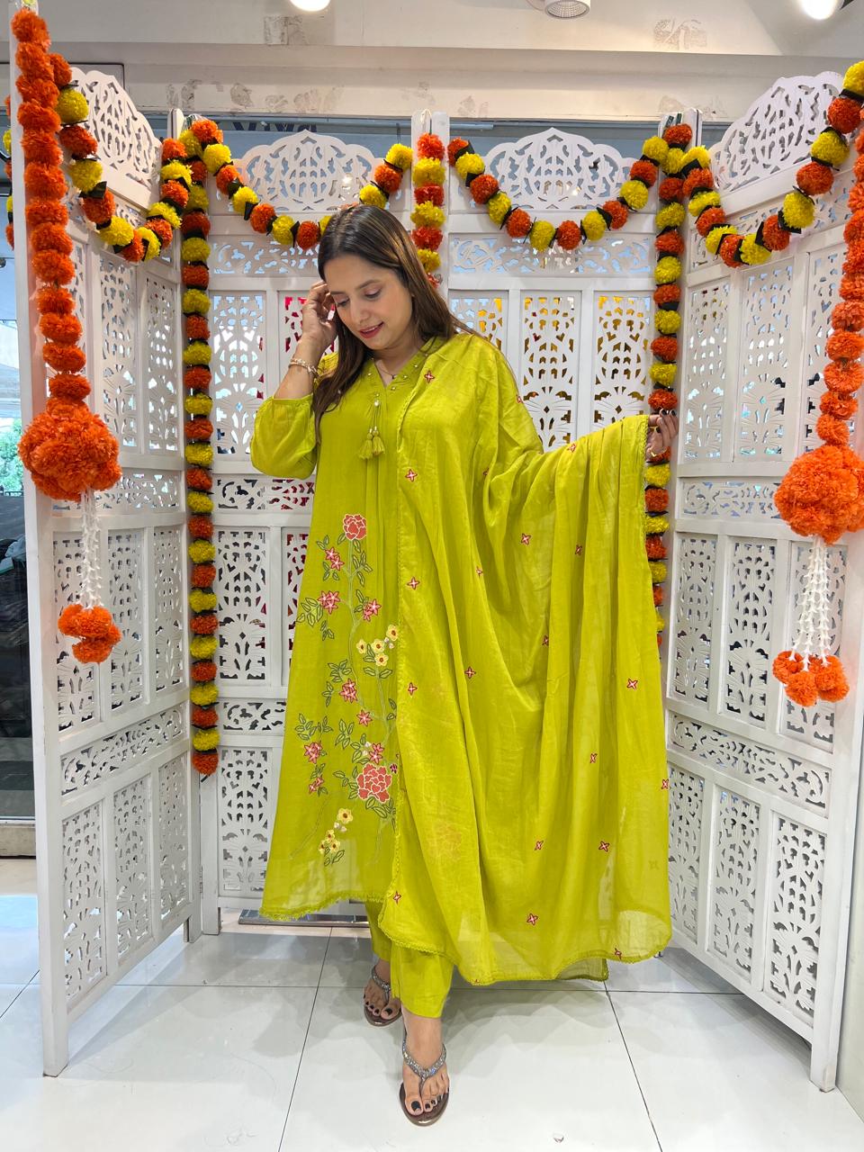Mull Cotton Green Anarkali 3pc Set