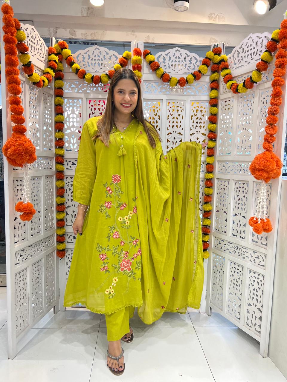 Mull Cotton Green Anarkali 3pc Set