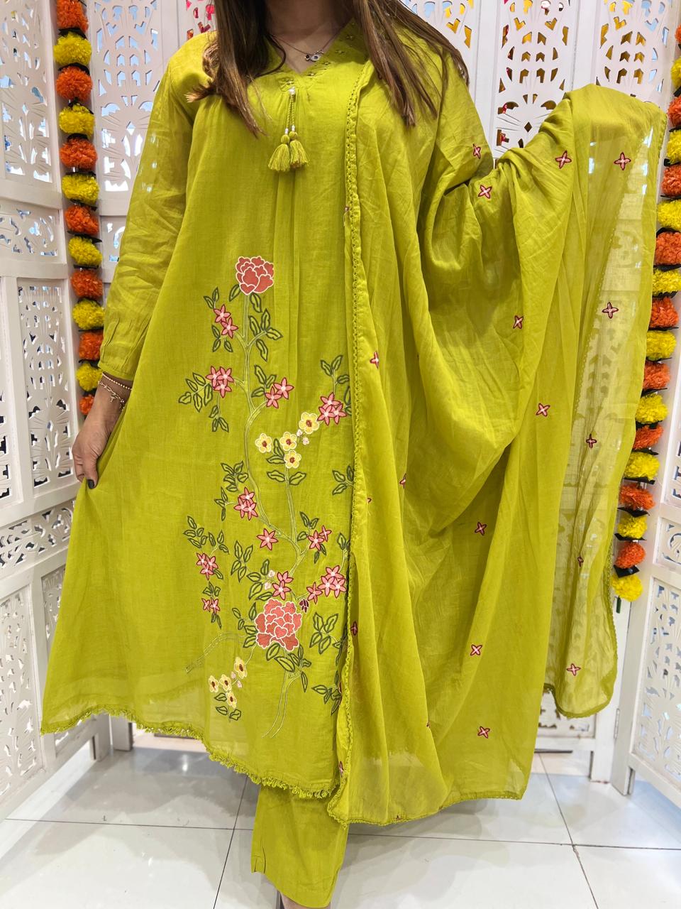 Mull Cotton Green Anarkali 3pc Set