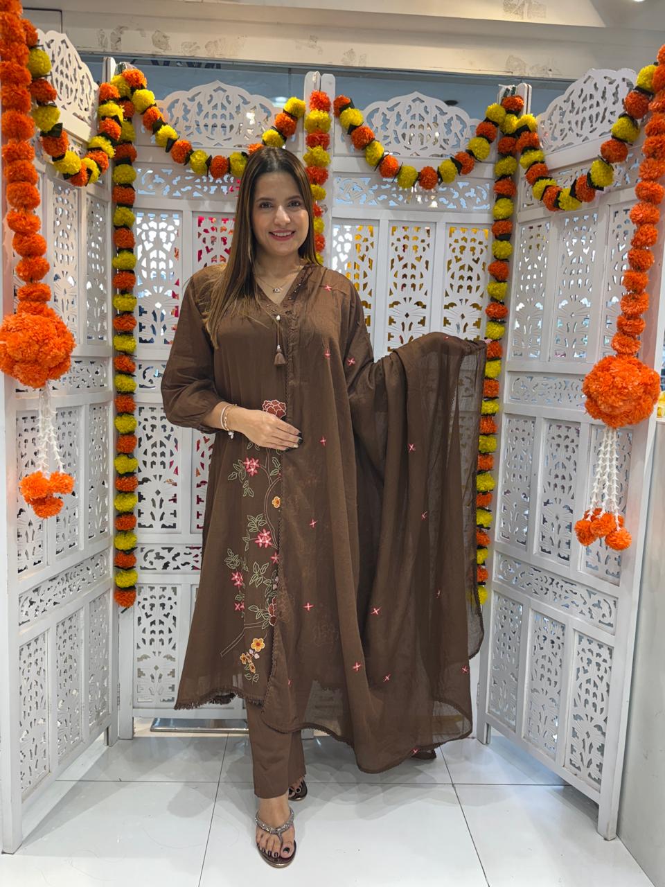 Mull Cotton Brown Anarkali 3pc Set