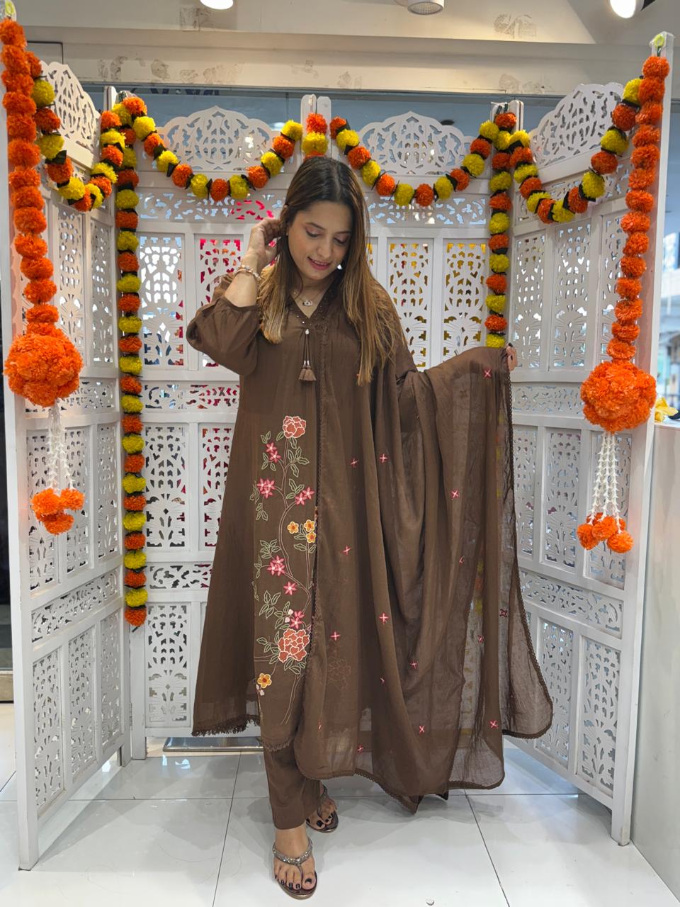 Mull Cotton Brown Anarkali 3pc Set
