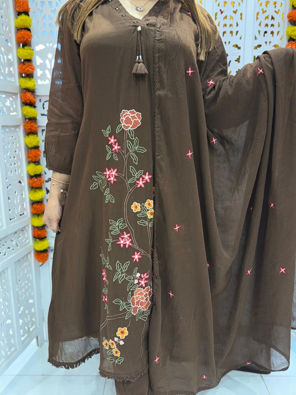 Mull Cotton Brown Anarkali 3pc Set