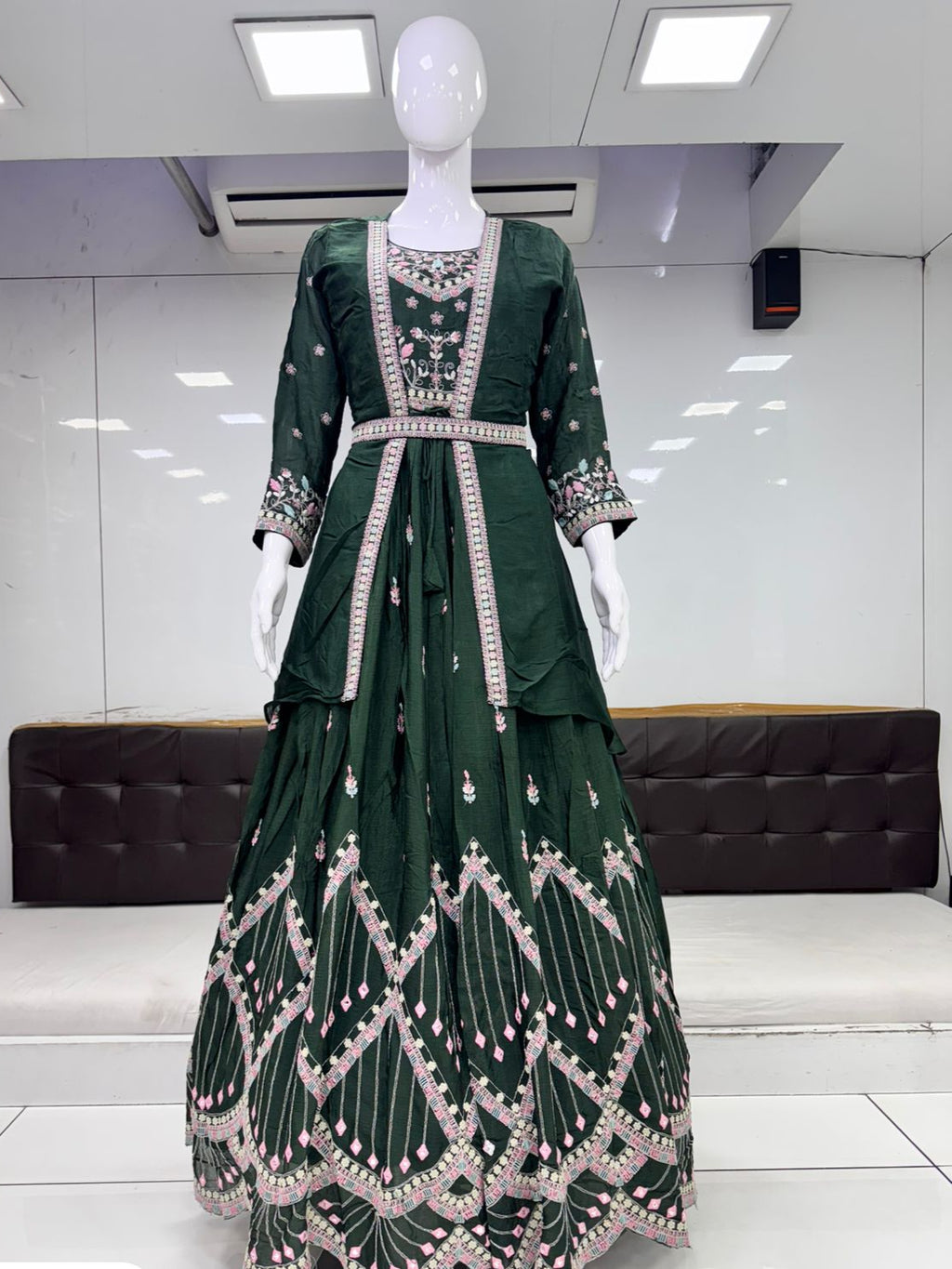 Pure Chinon Thread Work Party Wear Gown Bottole Green Color