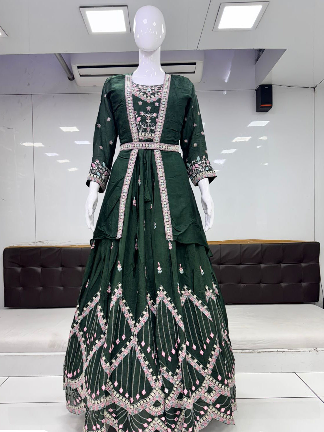 Pure Chinon Thread Work Party Wear Gown Bottole Green Color