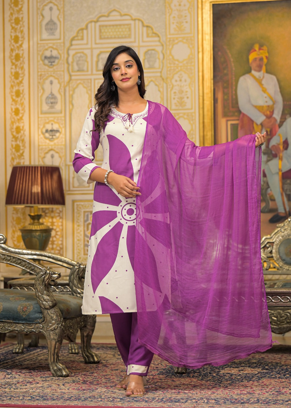 German Rayon White And Purple 3pc Set