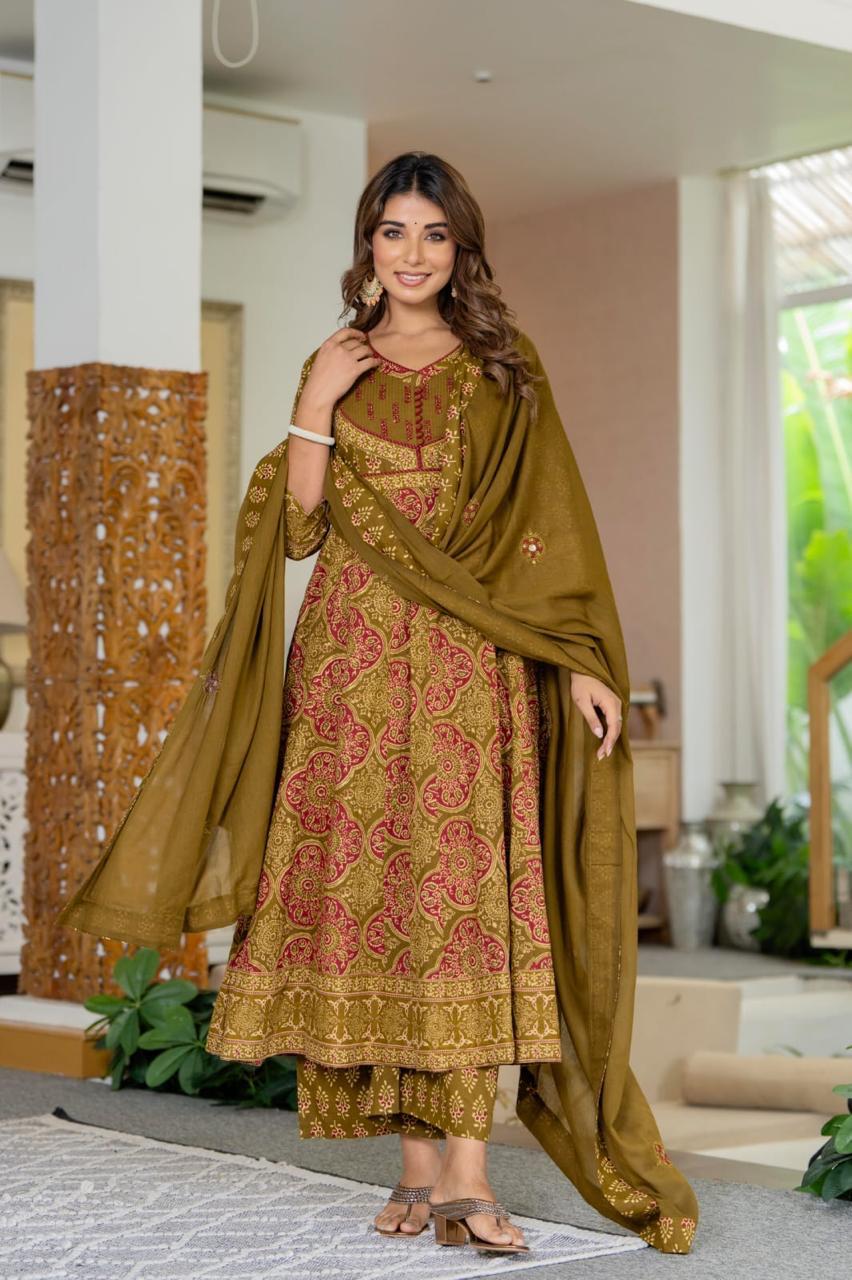Pure Cotton Anarkali Mahendi 3pc Set