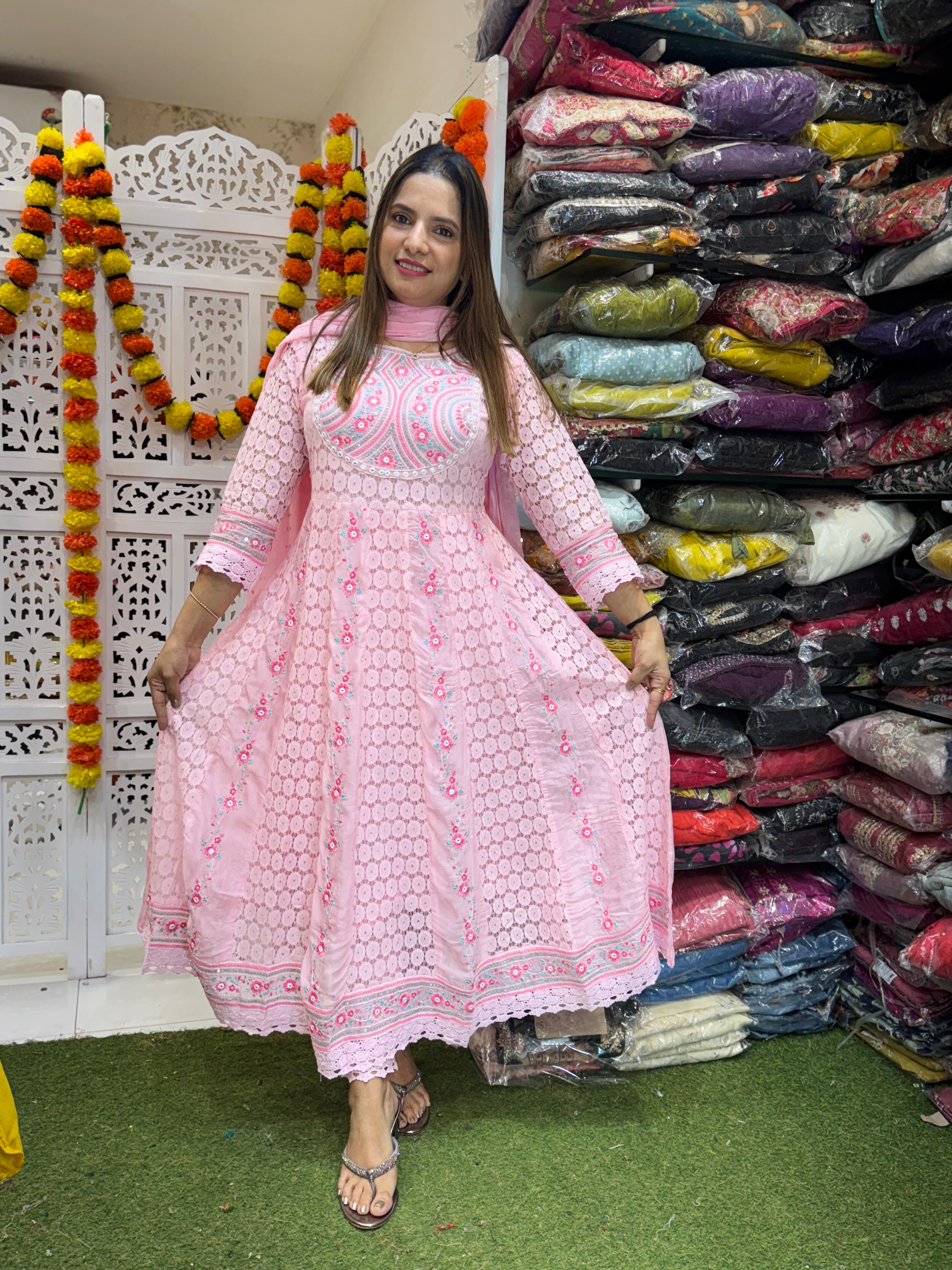 Viscoce Organza Anarkali Pink 3pc Set