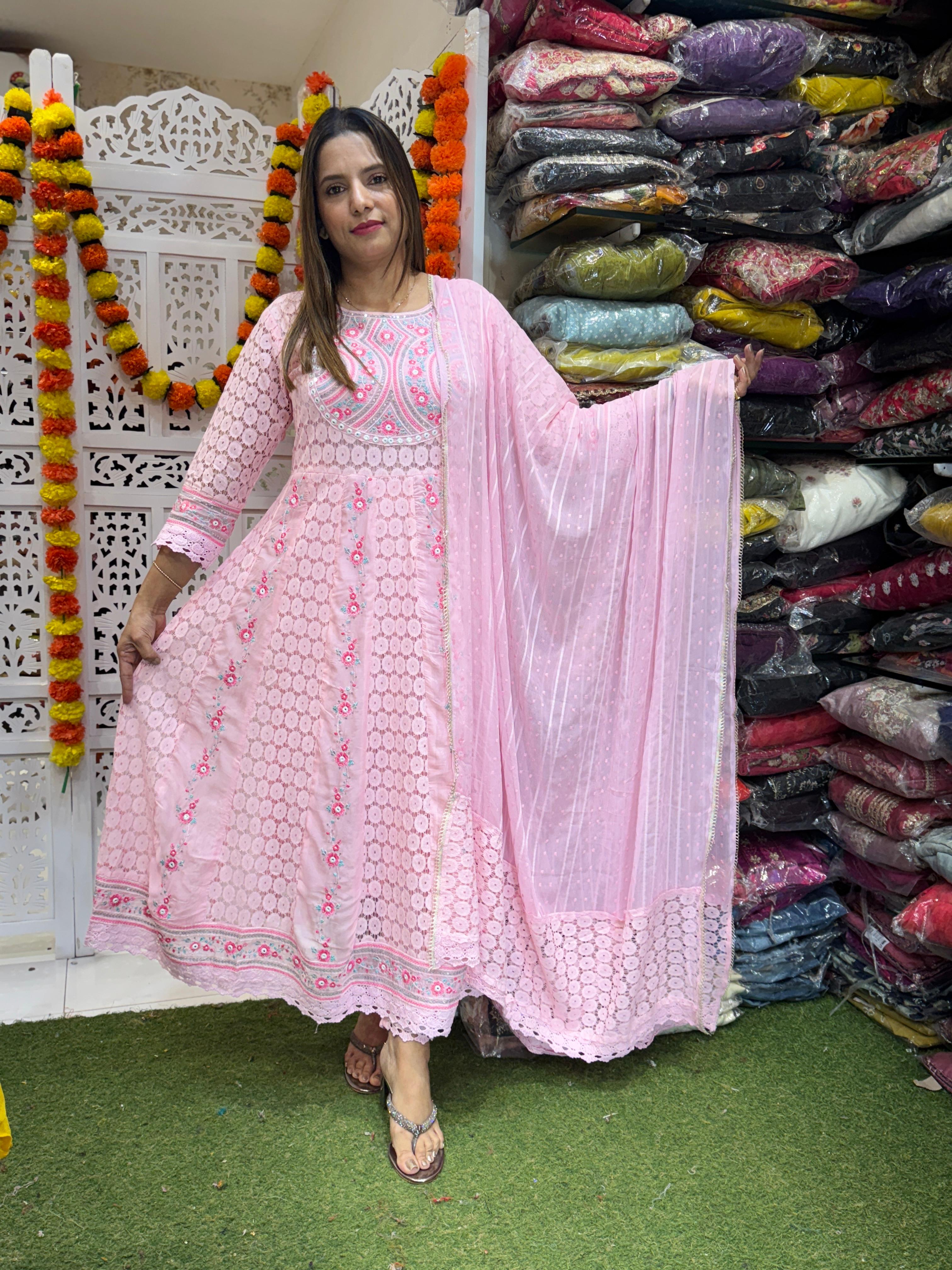 Viscoce Organza Anarkali Pink 3pc Set