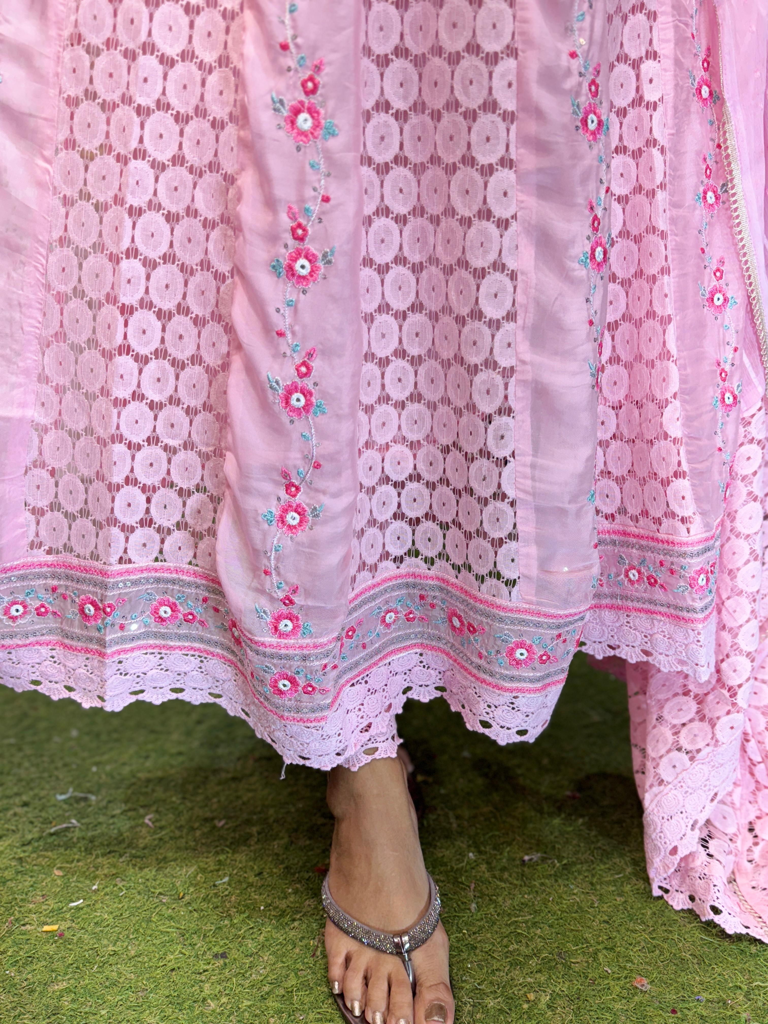 Viscoce Organza Anarkali Pink 3pc Set