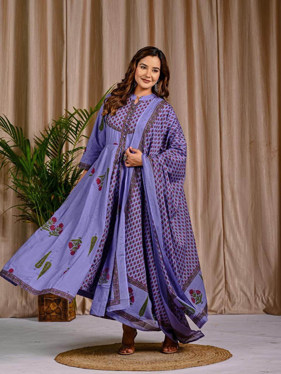 Cotton Light Purple Anarkali 3pc Set