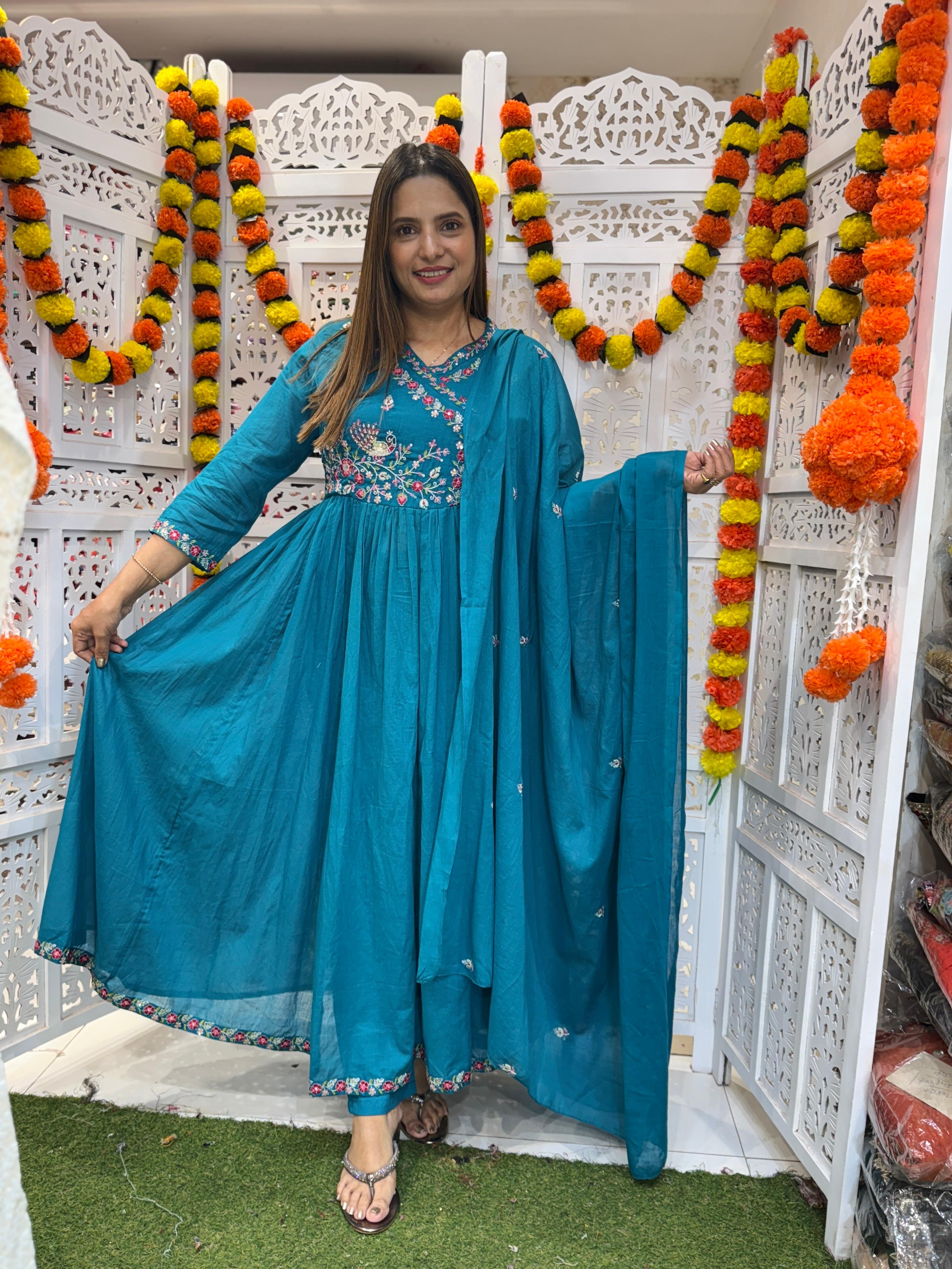 Mull Cotton Rama Green Anarkali 3pc Set