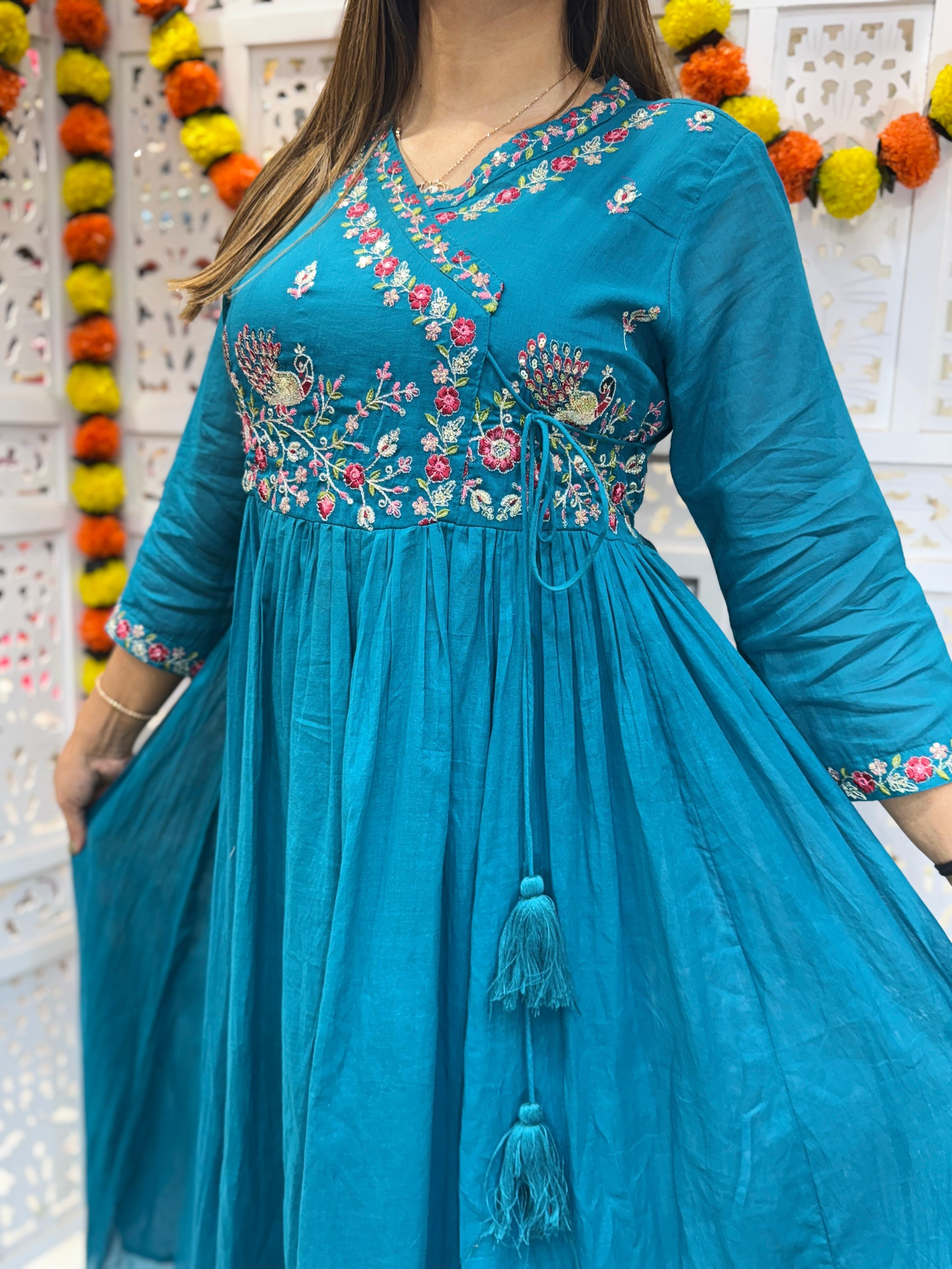 Mull Cotton Rama Green Anarkali 3pc Set