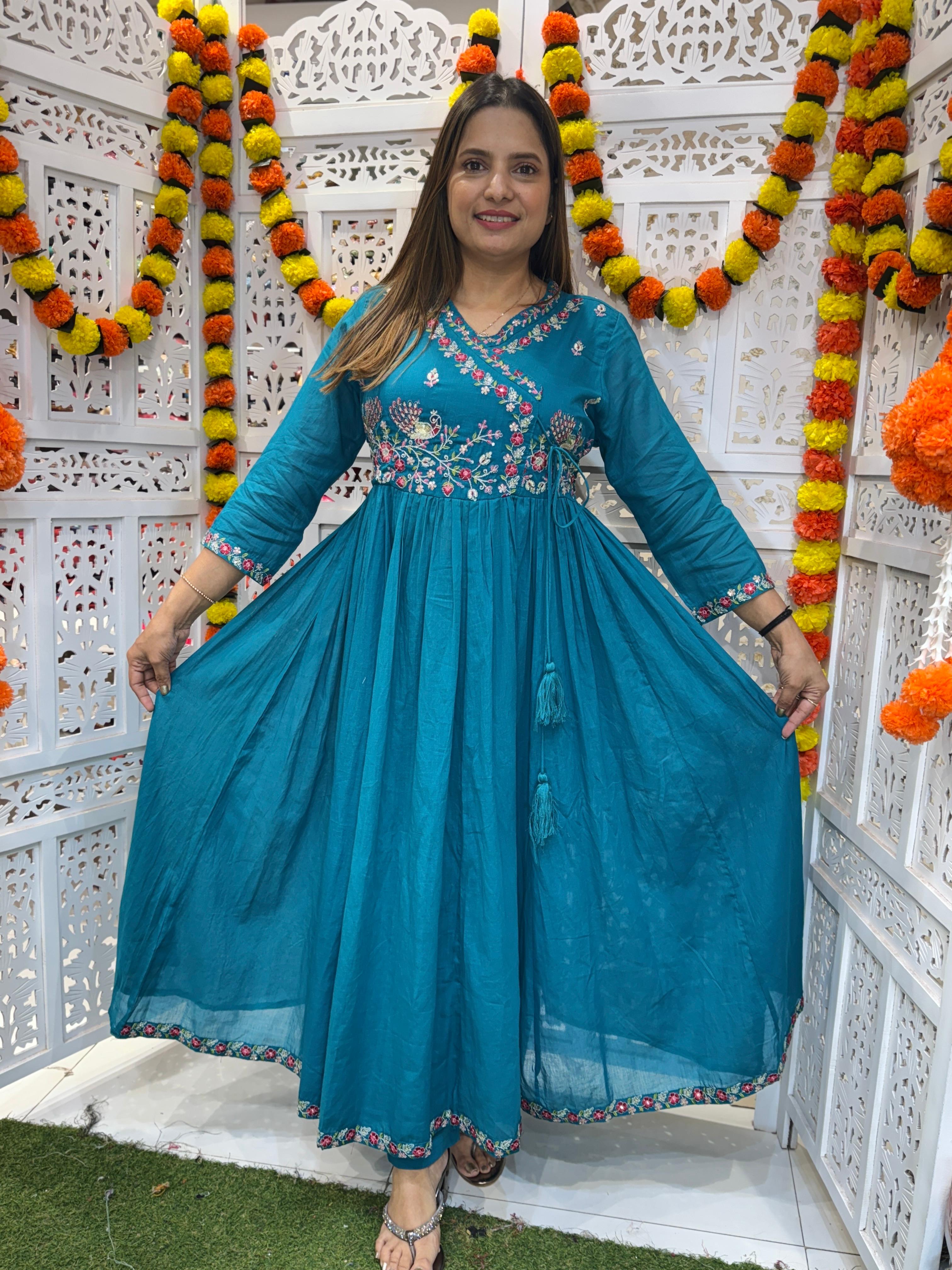 Mull Cotton Rama Green Anarkali 3pc Set