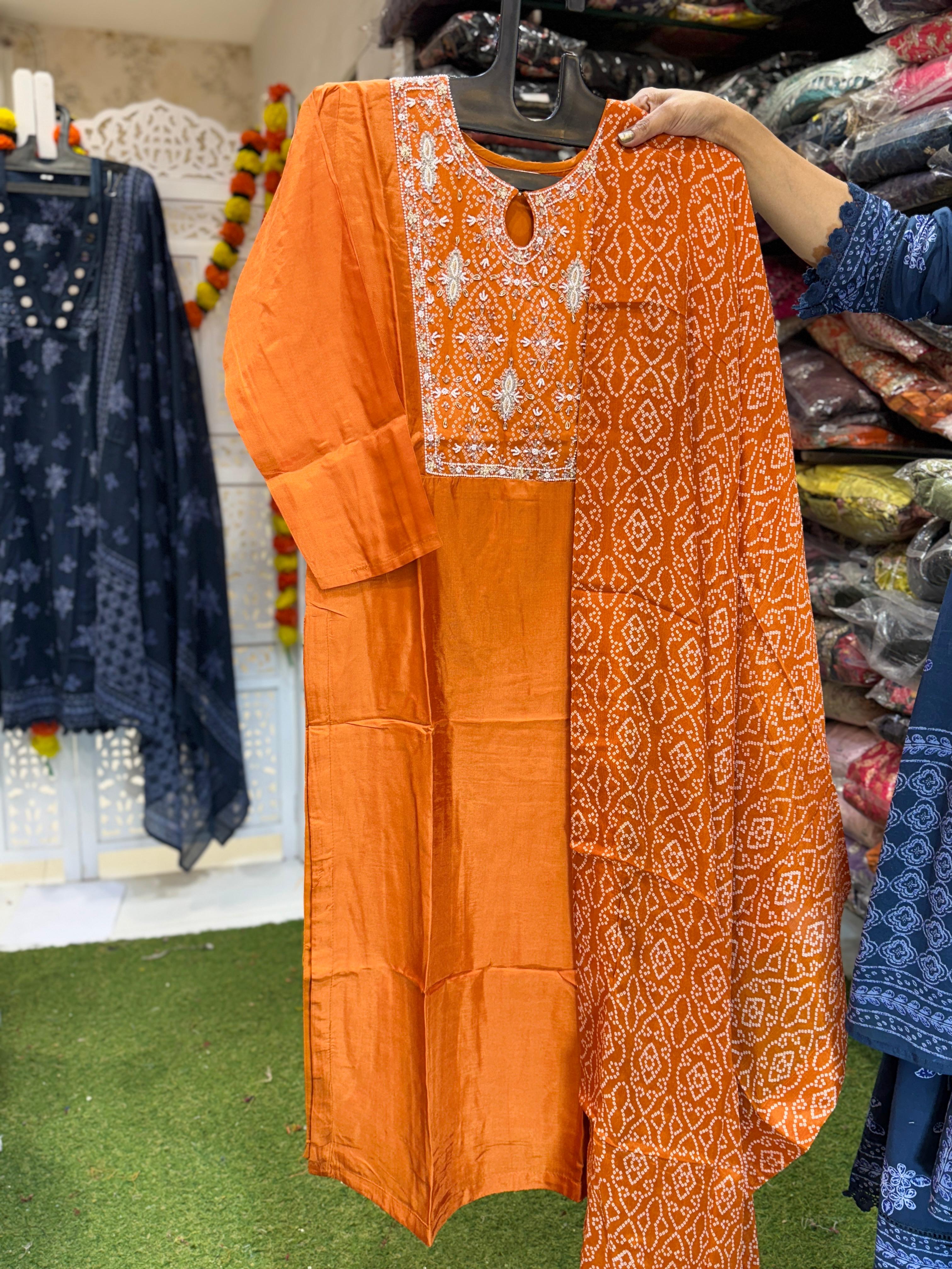 Pure Dola Silk Handwork orange Color 3pc Set