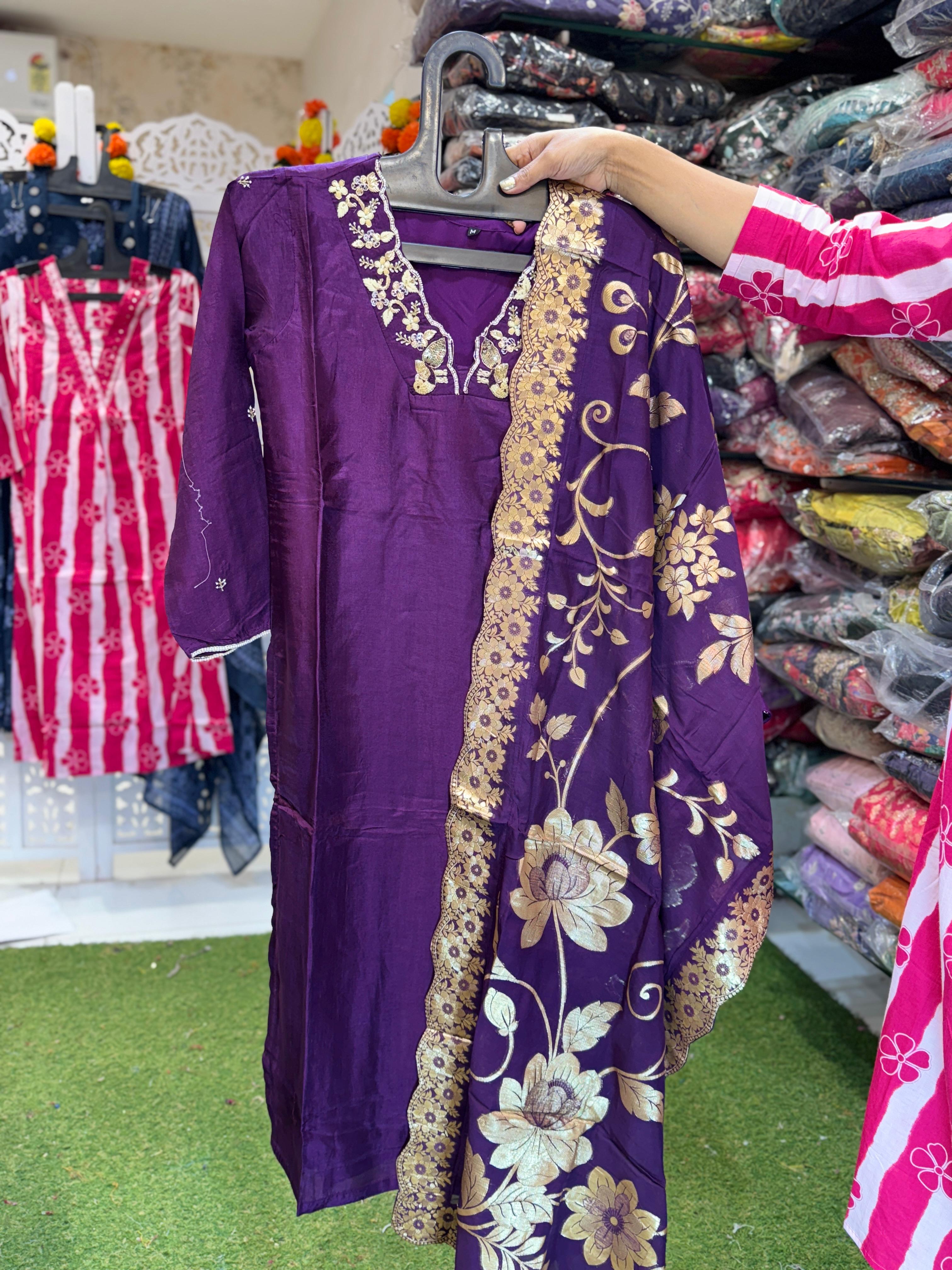 Pure Russian Silk Handwork 3pc Set Purple Color