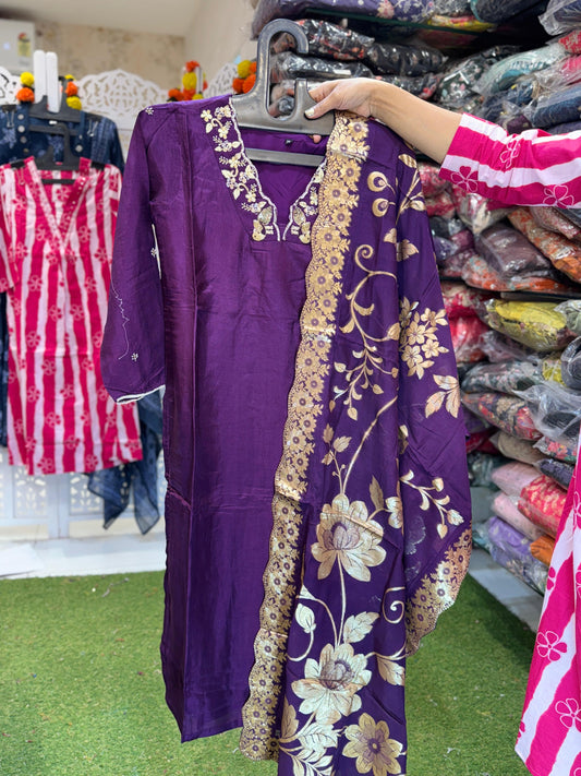 Pure Dola Silk Handwork 3pc Set Purple Color