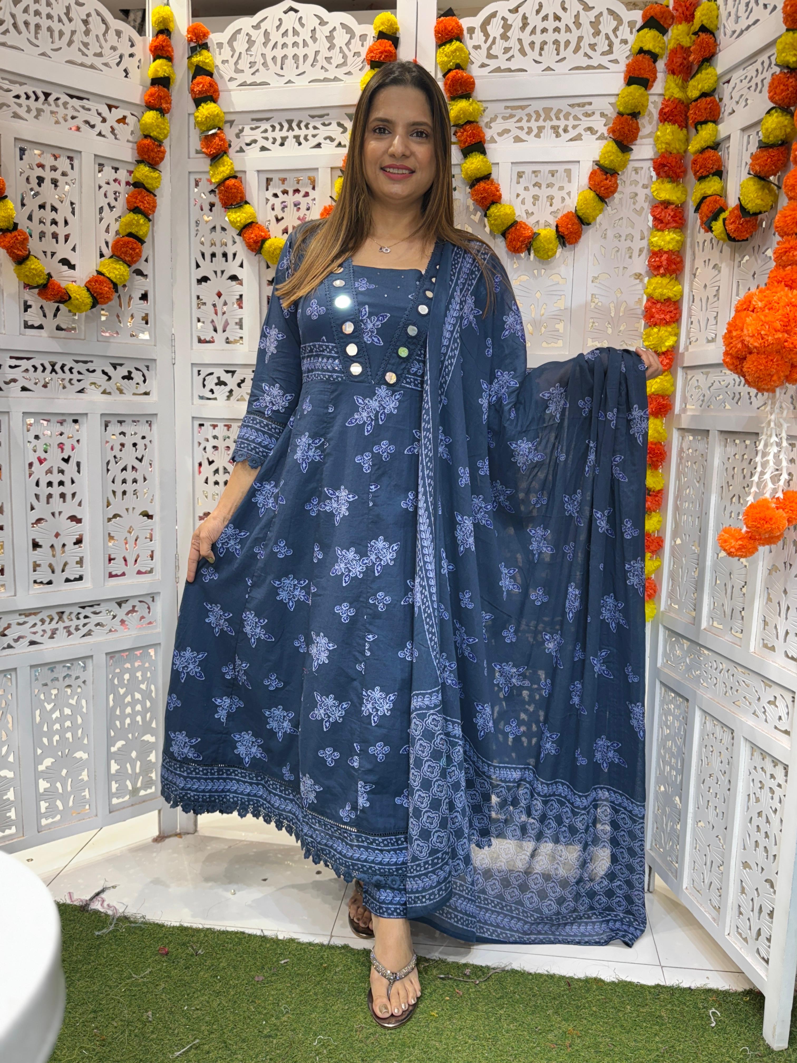 Cotton Blue Anarkali 3pc Set