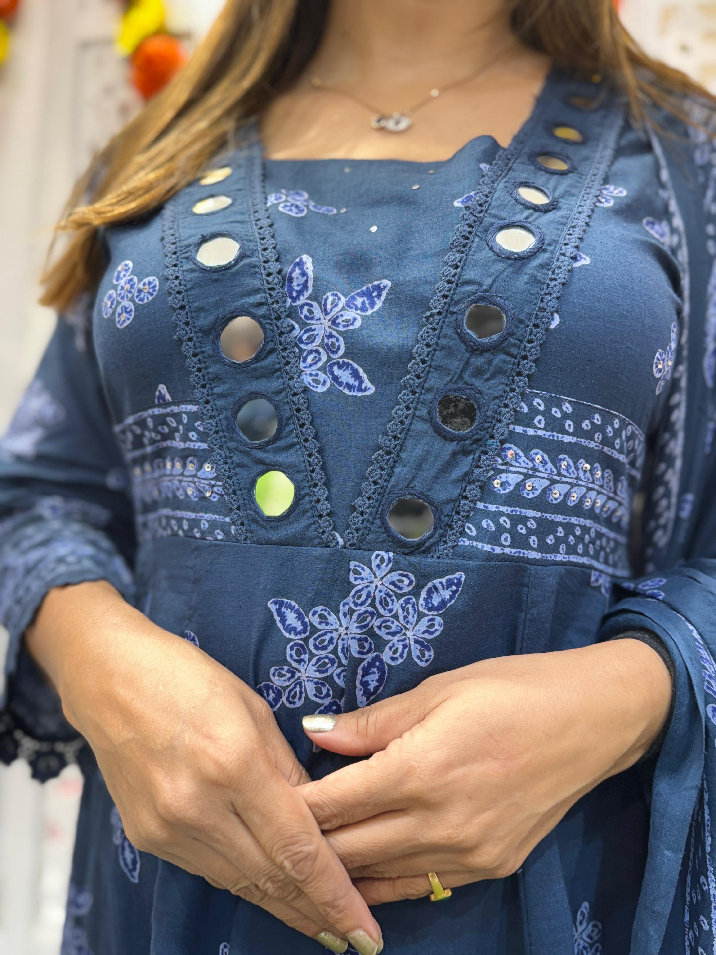 Cotton Blue Anarkali 3pc Set