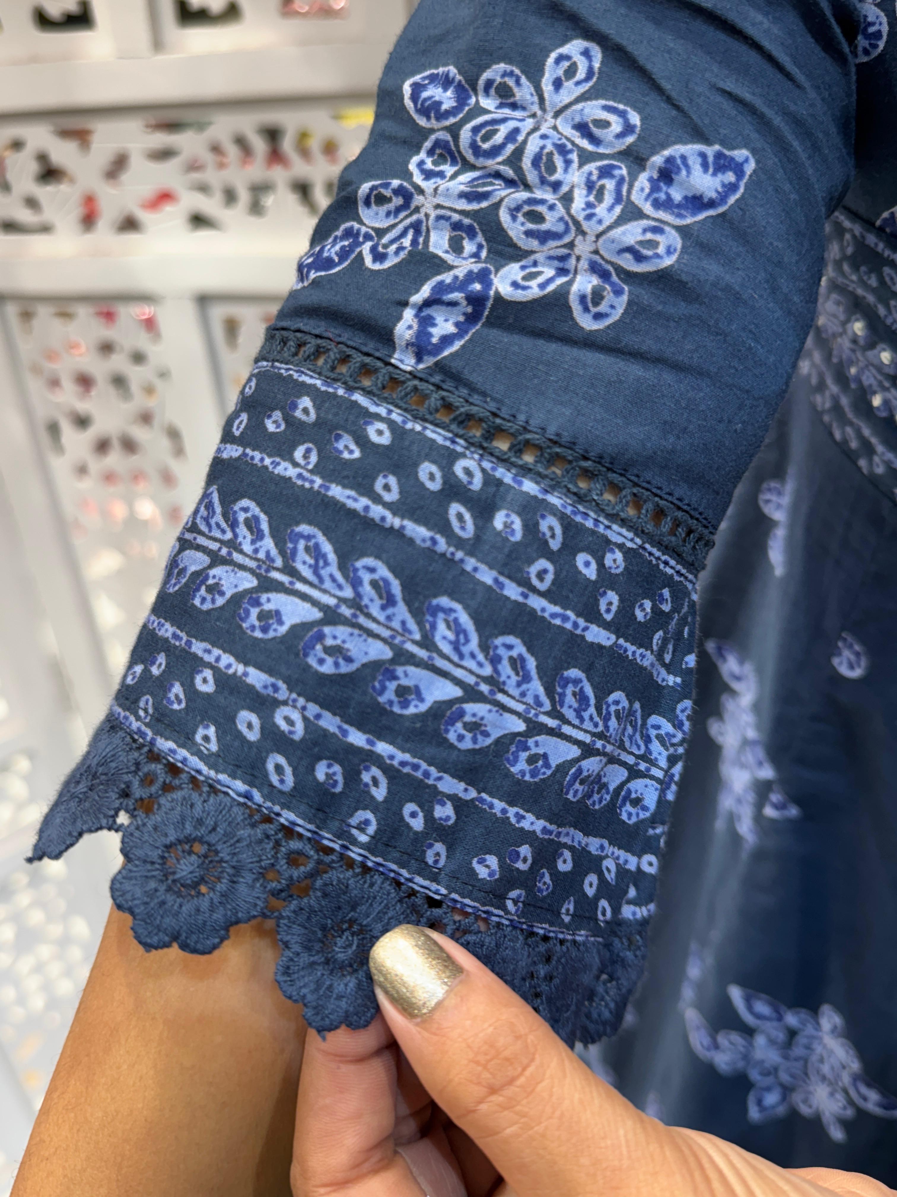Cotton Blue Anarkali 3pc Set