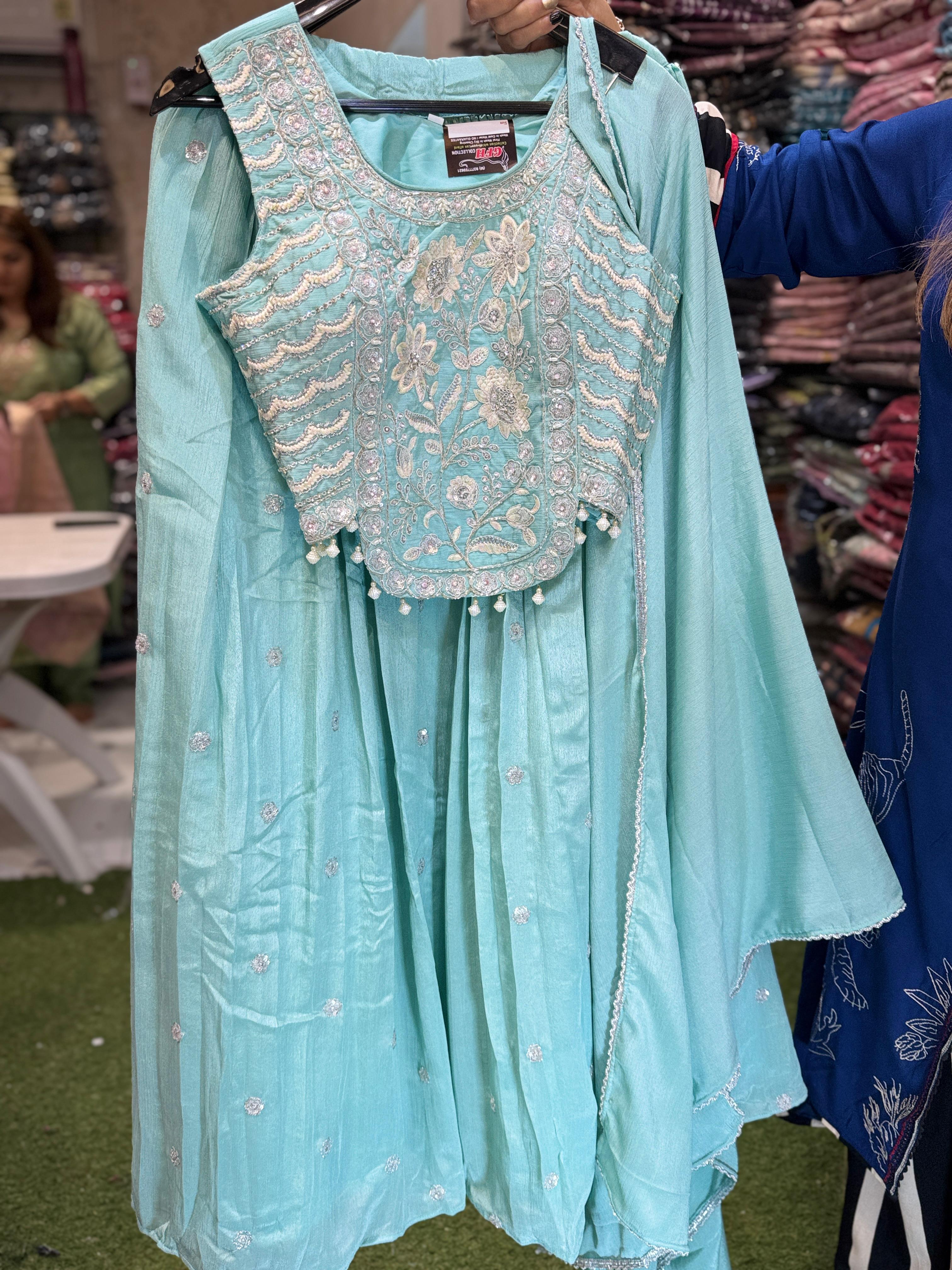 Pure Chinon Lahenga Hand Work Sky Blue Color