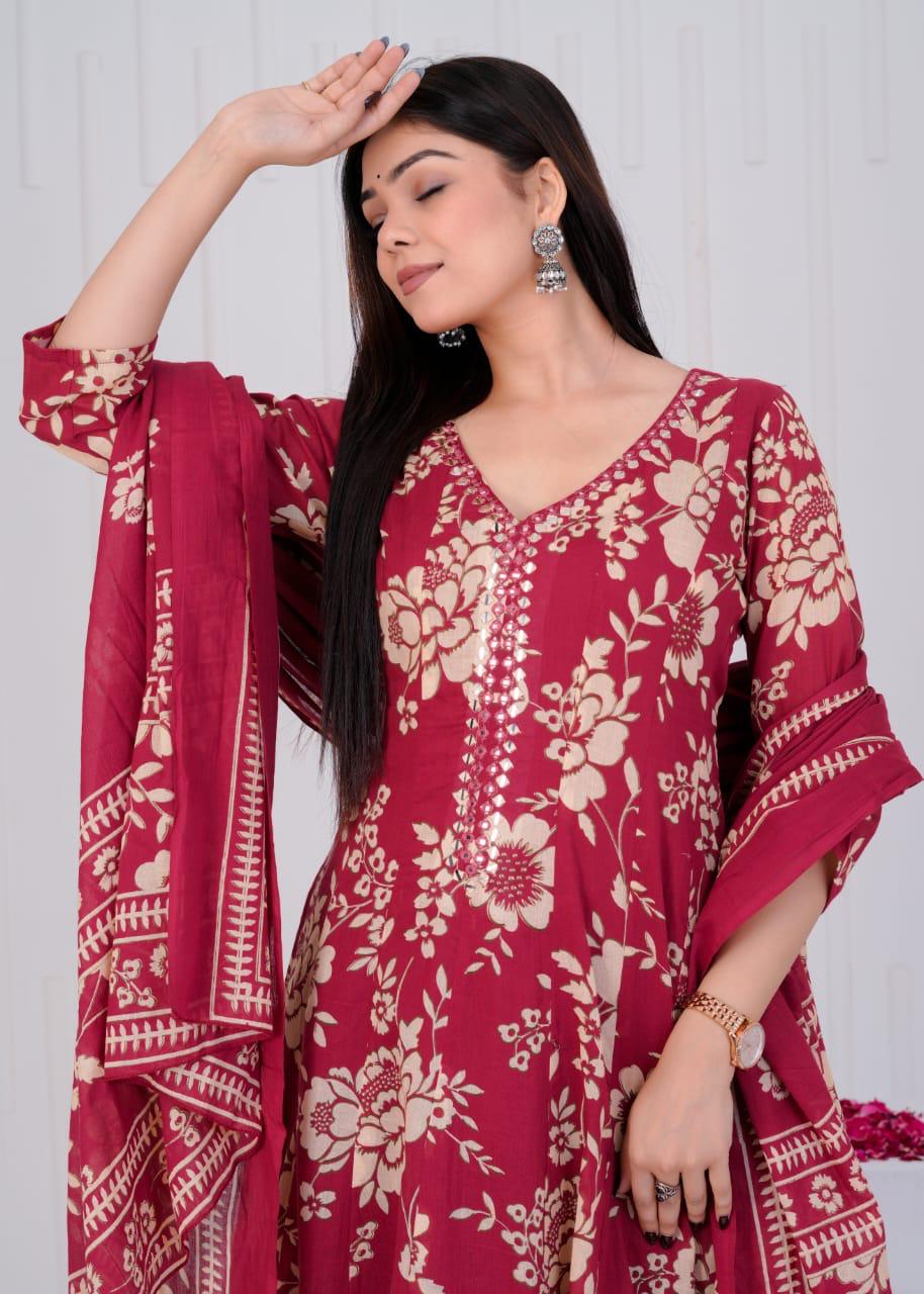 Mull Cotton Anarkali Maroon 3pc Set