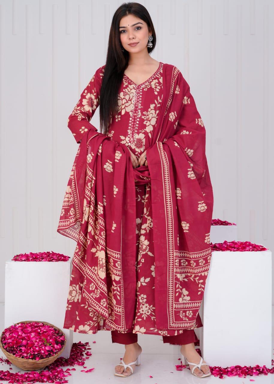 Mull Cotton Anarkali Maroon 3pc Set