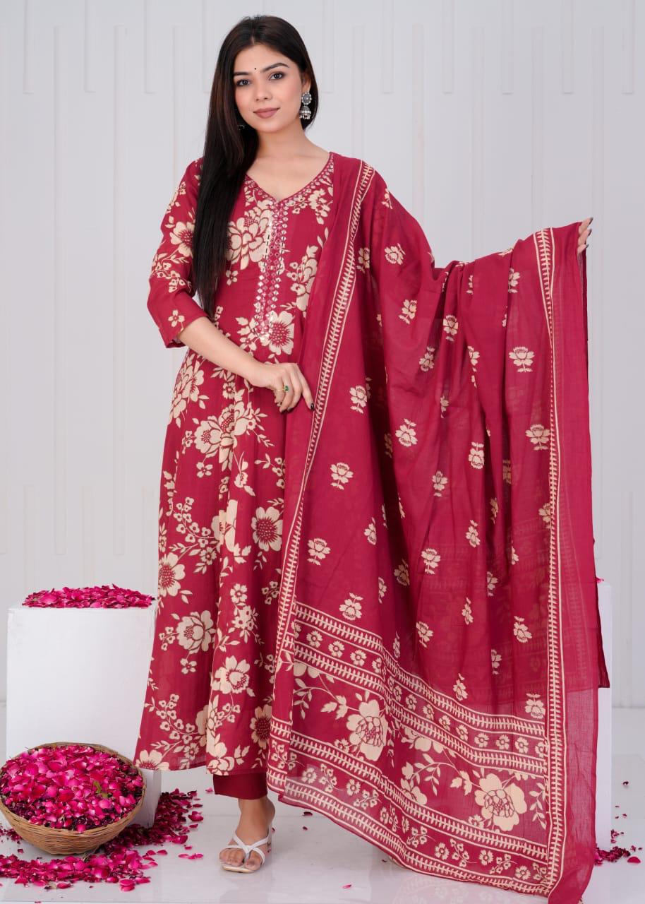 Mull Cotton Anarkali Maroon 3pc Set