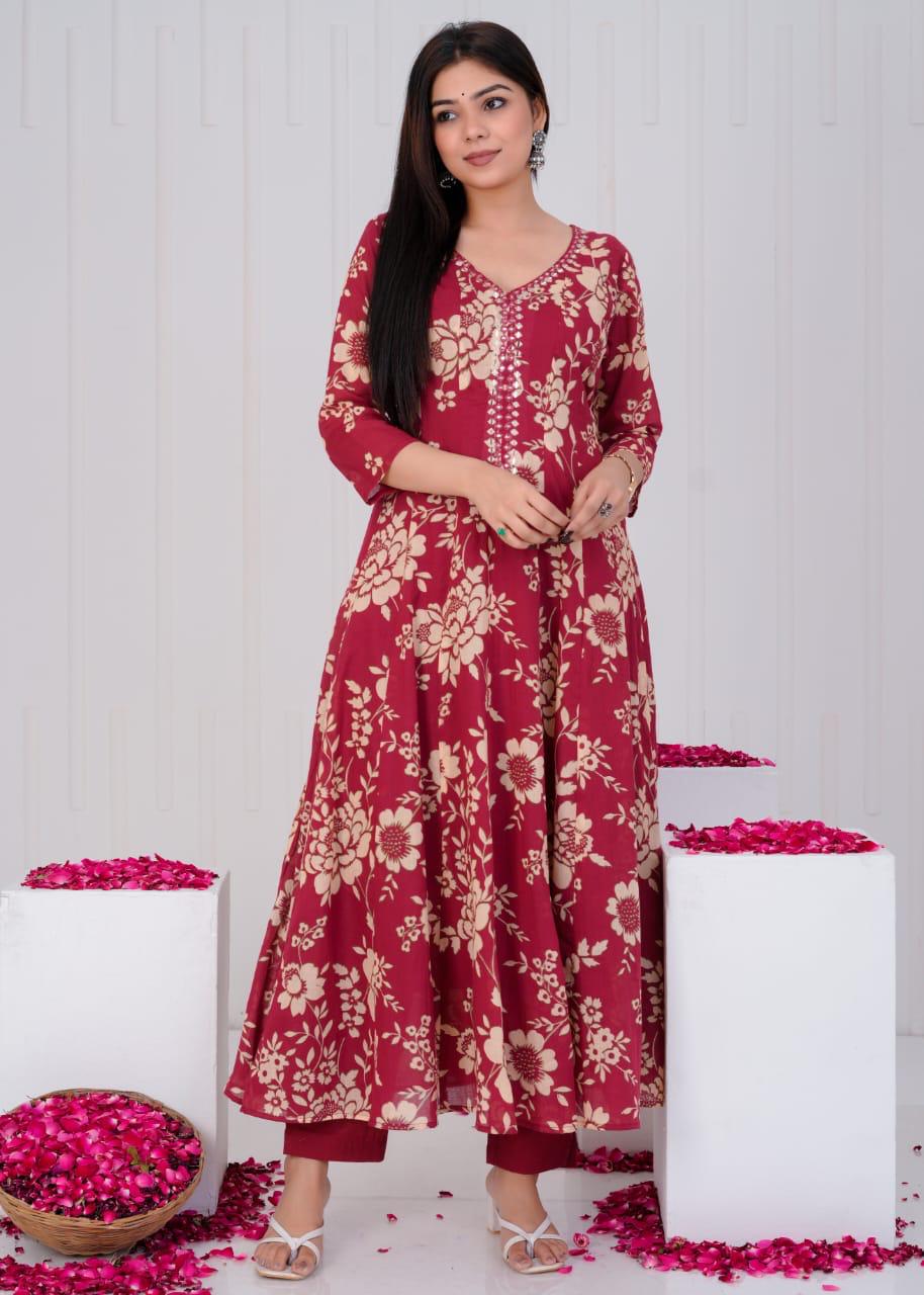 Mull Cotton Anarkali Maroon 3pc Set
