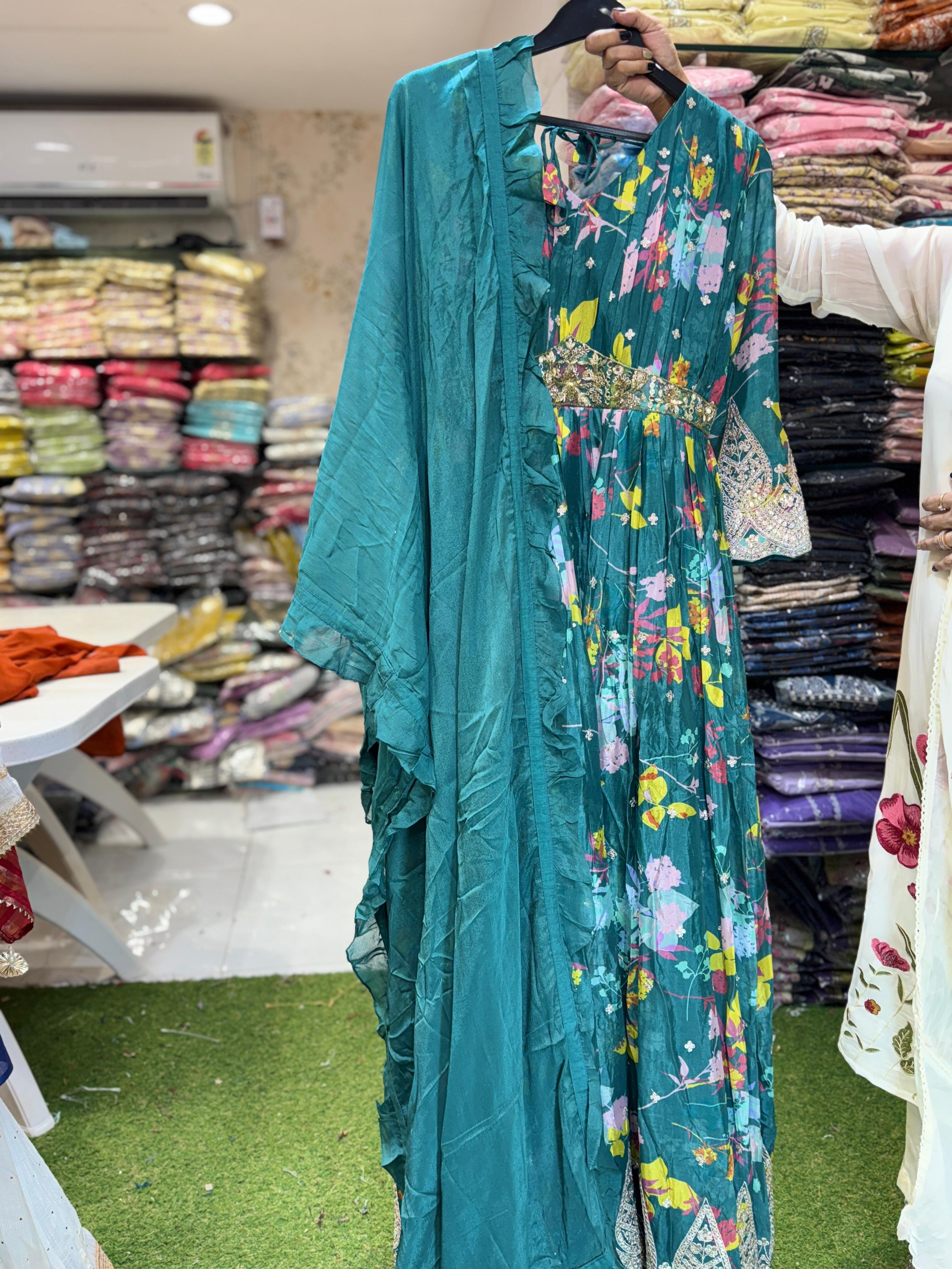 Pure Chinon Gown Green Color